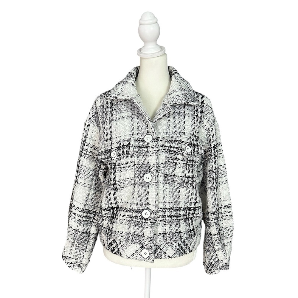 Cache Plaid Tweed Metallic Lined Button Up Jacket Black & White Size Medium